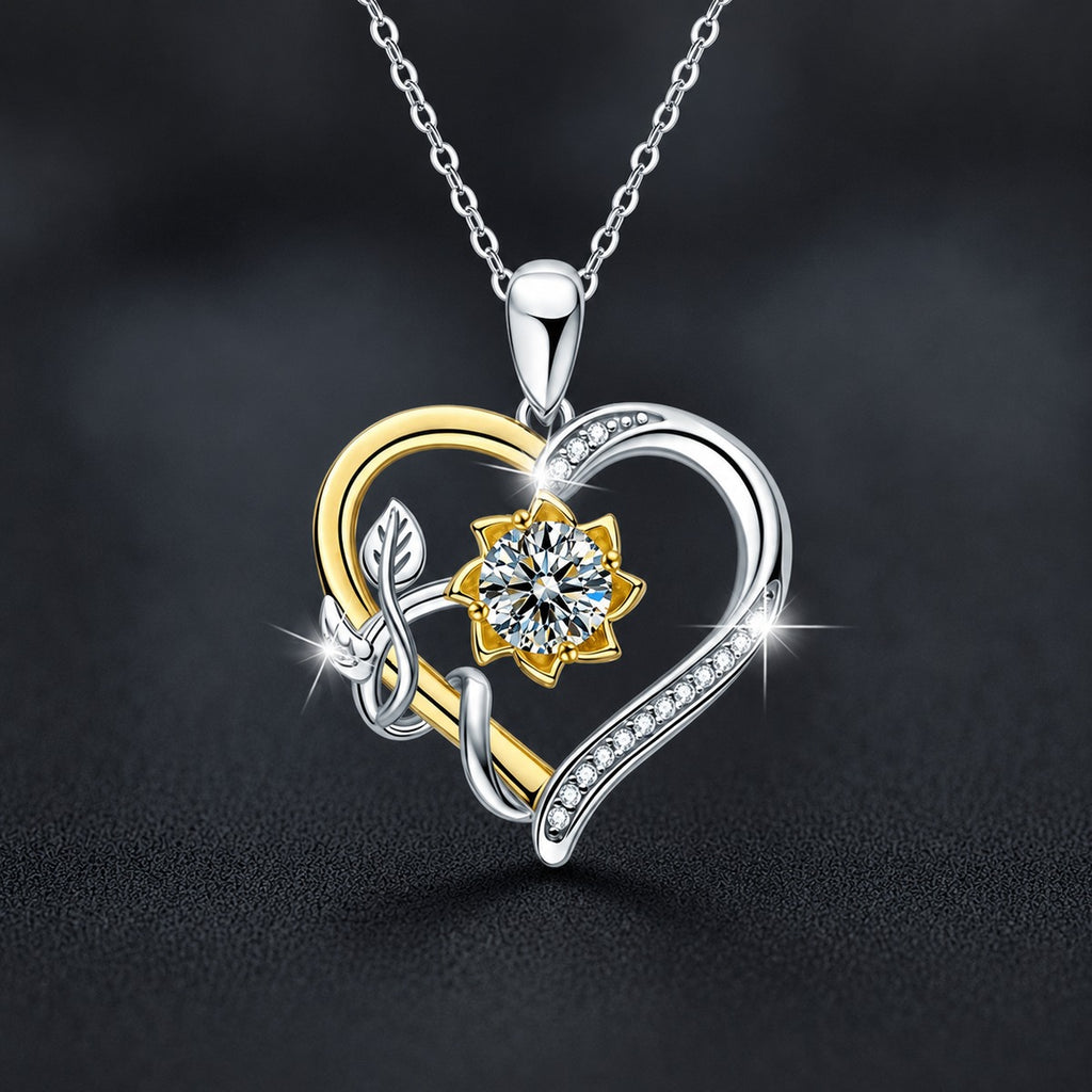 Sunflower Heart Round Moissanite Necklace with CZ in White Gold-Plated S925 sterling silver close-up product scene showing pendant setting