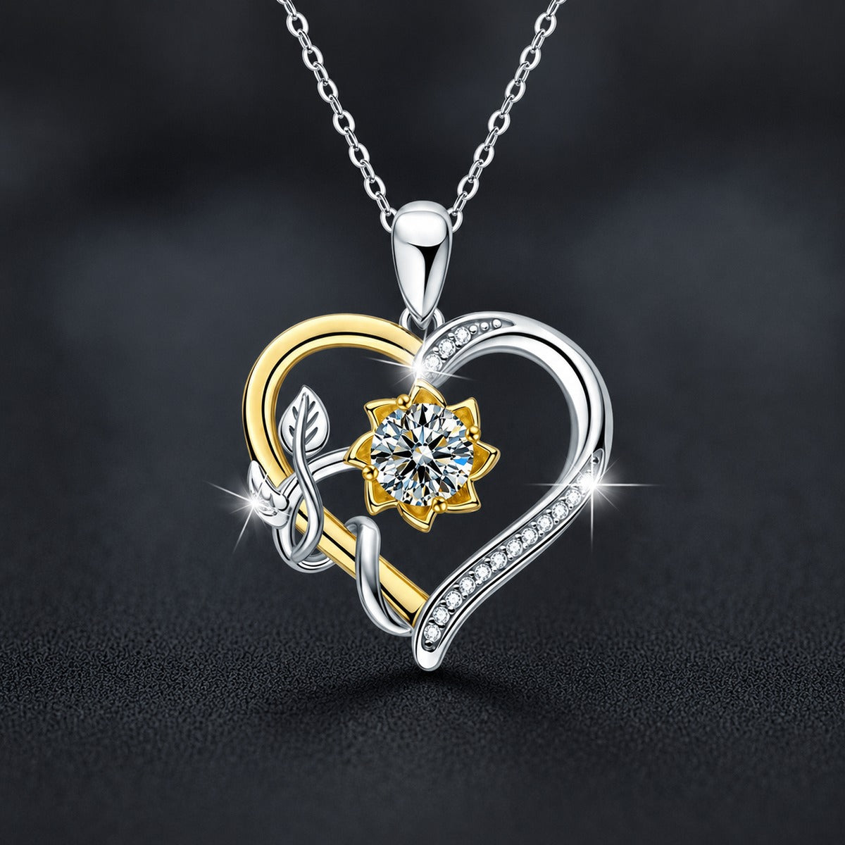 Sunflower Heart Round Moissanite Necklace with CZ in White Gold-Plated S925 sterling silver close-up product scene showing pendant setting