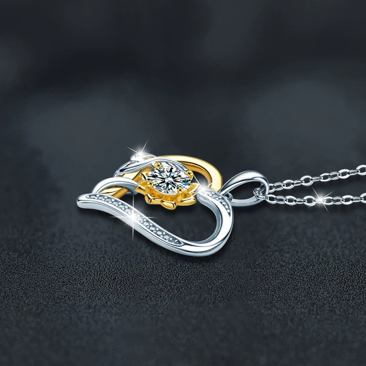 Sunflower Heart Round Moissanite Necklace with CZ in White Gold-Plated S925 sterling silver blue display scene showing chain and stone layout
