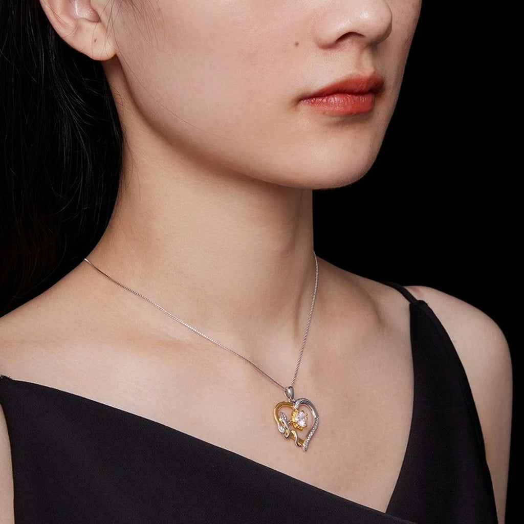 Sunflower Heart Round Moissanite Necklace with CZ in White Gold-Plated S925 sterling silver neckline model view showing pendant scale and chain length