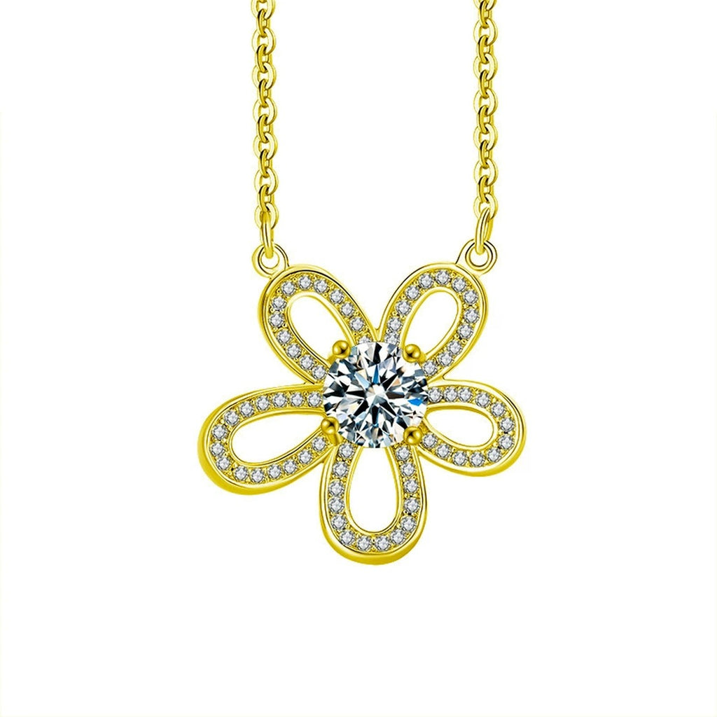 Sunflower Round Moissanite Necklace with CZ in Gold-Plated S925 sterling silver white background product photo showing sunflower pendant with a 1 ct round moissanite and CZ-set petals