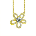 Sunflower Round Moissanite Necklace with CZ in Gold-Plated S925 sterling silver white background product photo showing sunflower pendant with a 1 ct round moissanite and CZ-set petals