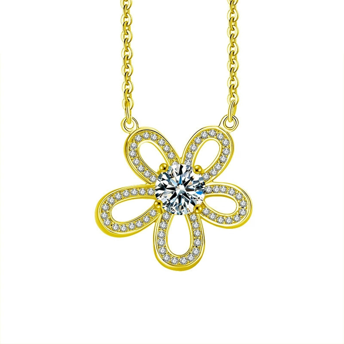Sunflower Round Moissanite Necklace with CZ in Gold-Plated S925 sterling silver white background product photo showing sunflower pendant with a 1 ct round moissanite and CZ-set petals