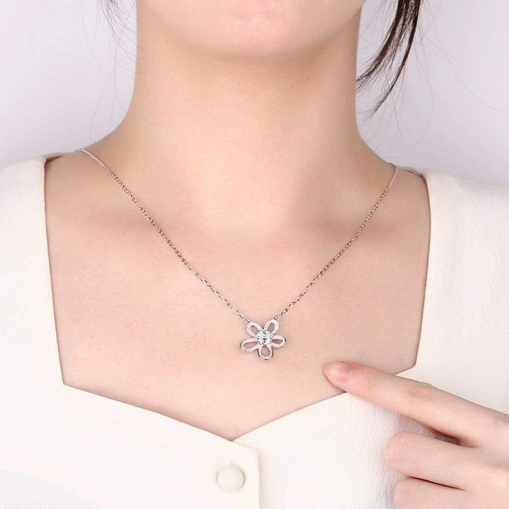 Sunflower Round Moissanite Necklace with CZ in Gold-Plated S925 sterling silver neckline model view showing pendant scale and chain length