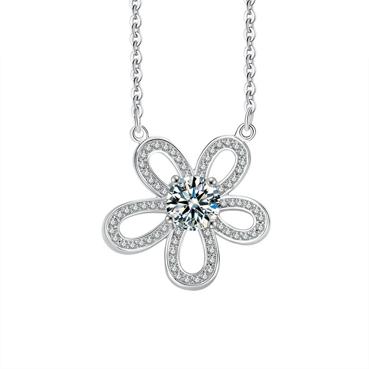 Sunflower Round Moissanite Necklace with CZ in Gold-Plated S925 sterling silver white background product photo showing sunflower pendant with a 1 ct round moissanite and CZ-set petals