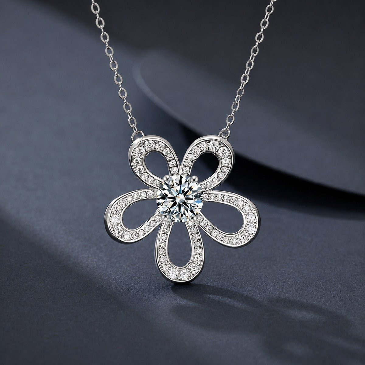 Sunflower Round Moissanite Necklace with CZ in Gold-Plated S925 sterling silver dark display product view showing pendant and chain
