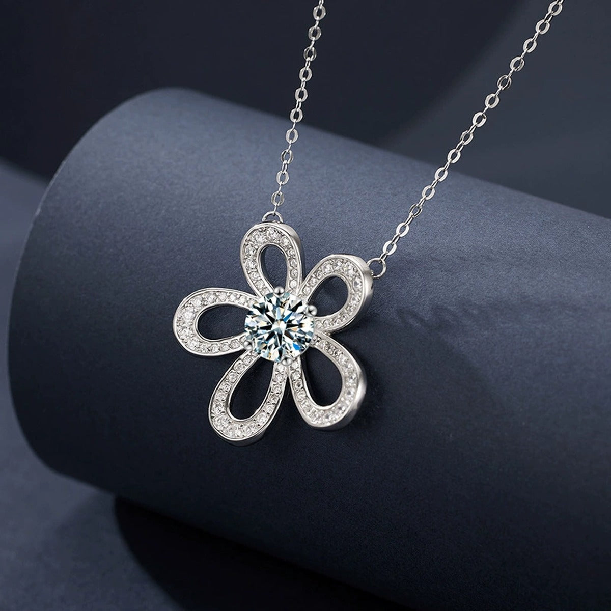 Sunflower Round Moissanite Necklace with CZ in Gold-Plated S925 sterling silver close-up product scene showing stone setting