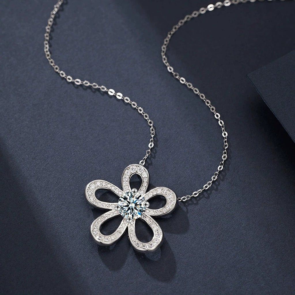 Sunflower Round Moissanite Necklace with CZ in Gold-Plated S925 sterling silver angled necklace detail showing pendant profile