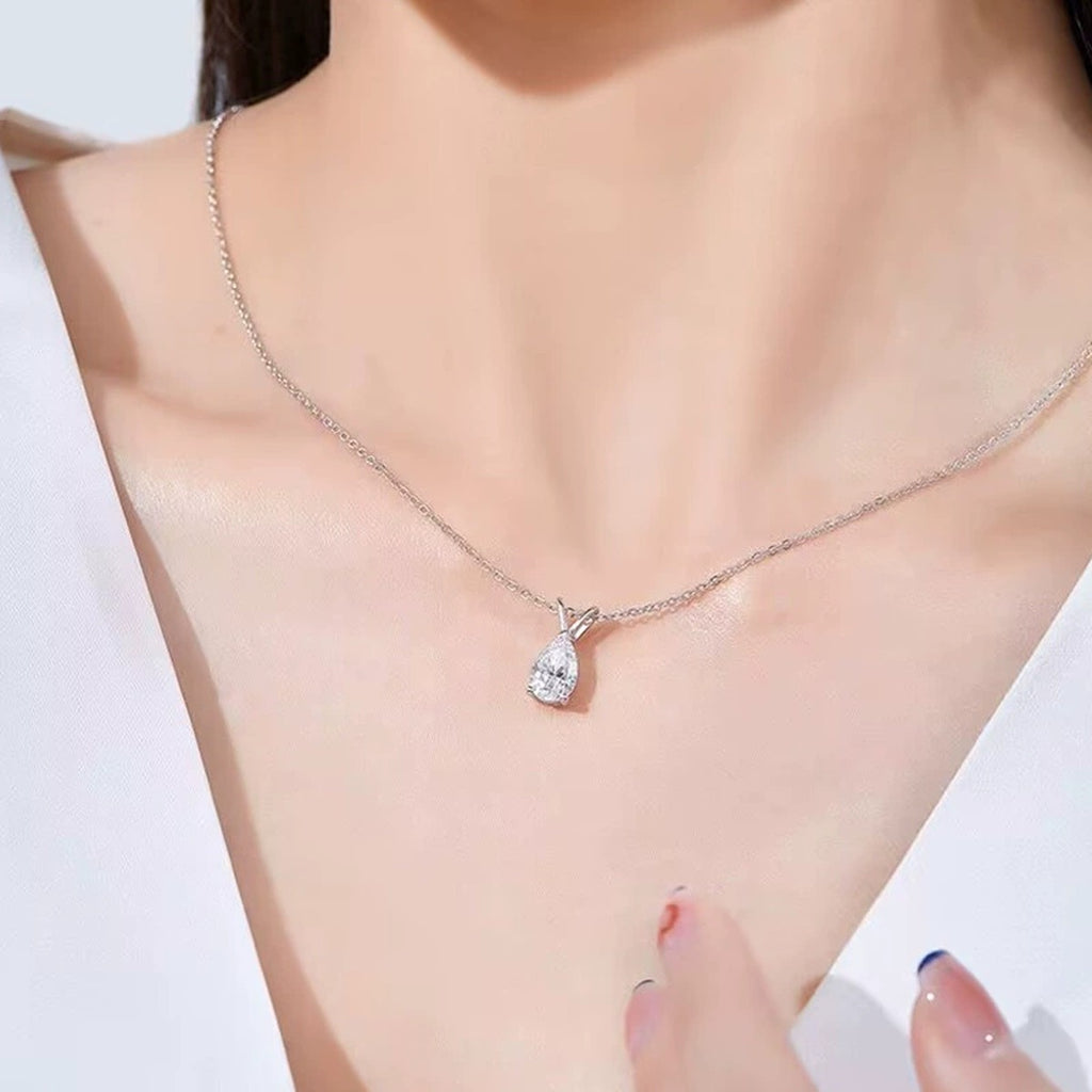 Pear Cut Moissanite Solitaire Necklace in Gold-Plated S925 sterling silver neckline model view showing pendant scale and chain length