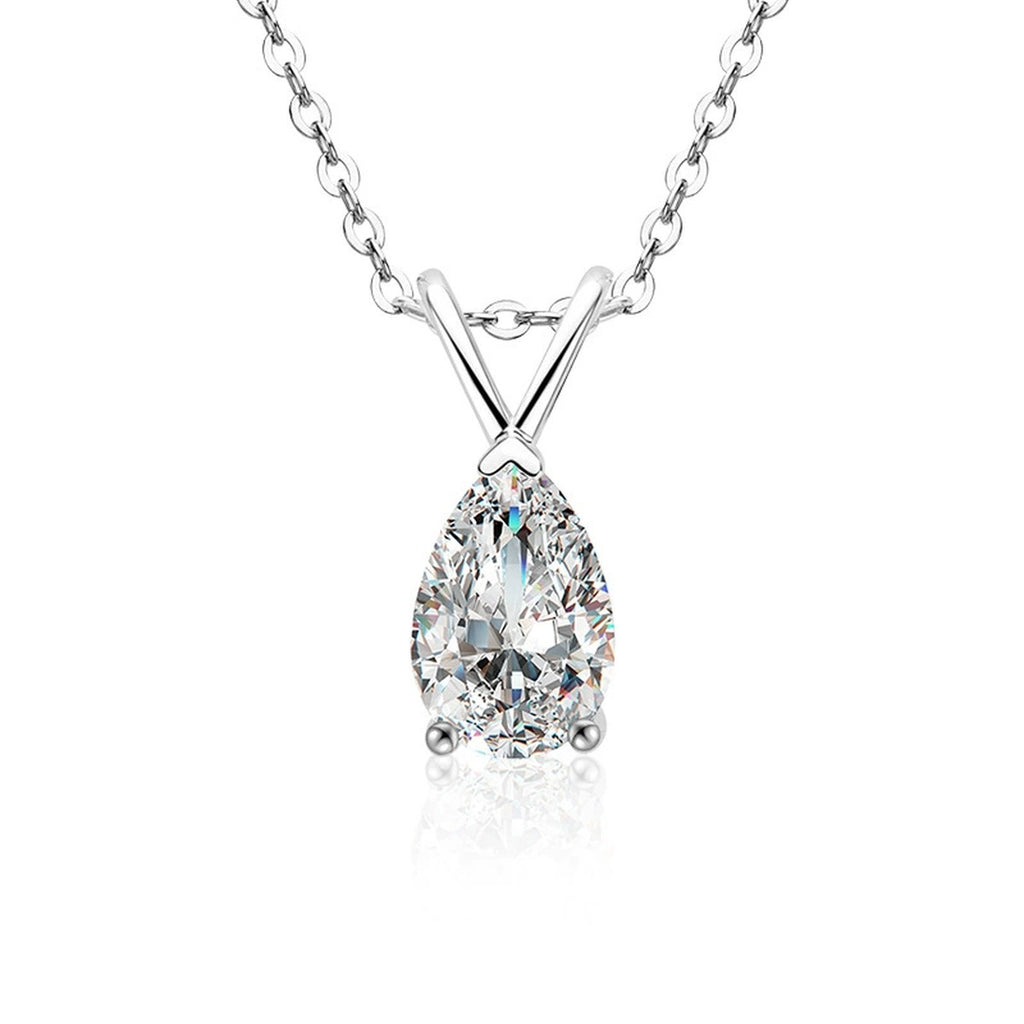 Pear Cut Moissanite Solitaire Necklace in Gold-Plated S925 sterling silver alternate metal color white background product view showing an elongated pear-cut solitaire suspended from a sculptural V bail