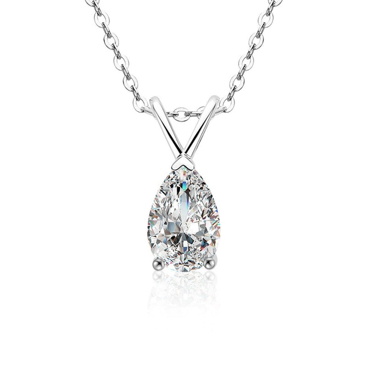 Pear Cut Moissanite Solitaire Necklace in Gold-Plated S925 sterling silver alternate metal color white background product view showing an elongated pear-cut solitaire suspended from a sculptural V bail
