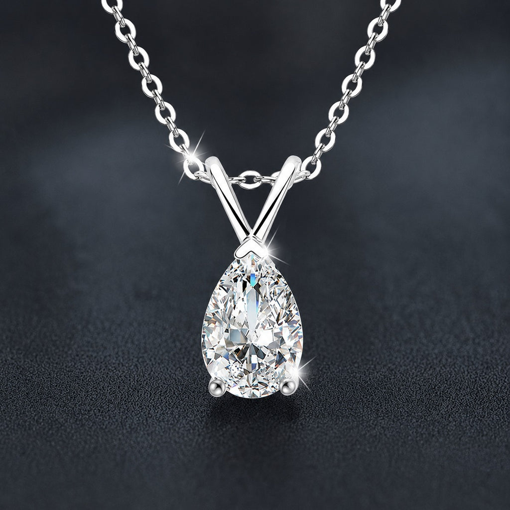 Pear Cut Moissanite Solitaire Necklace in Gold-Plated S925 sterling silver close-up styled product scene showing pendant setting