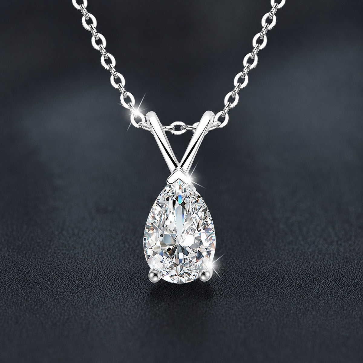 Pear Cut Moissanite Solitaire Necklace in Gold-Plated S925 sterling silver close-up styled product scene showing pendant setting