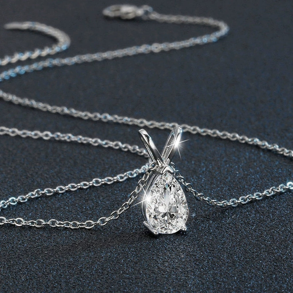 Pear Cut Moissanite Solitaire Necklace in Gold-Plated S925 sterling silver display scene showing chain and stone layout