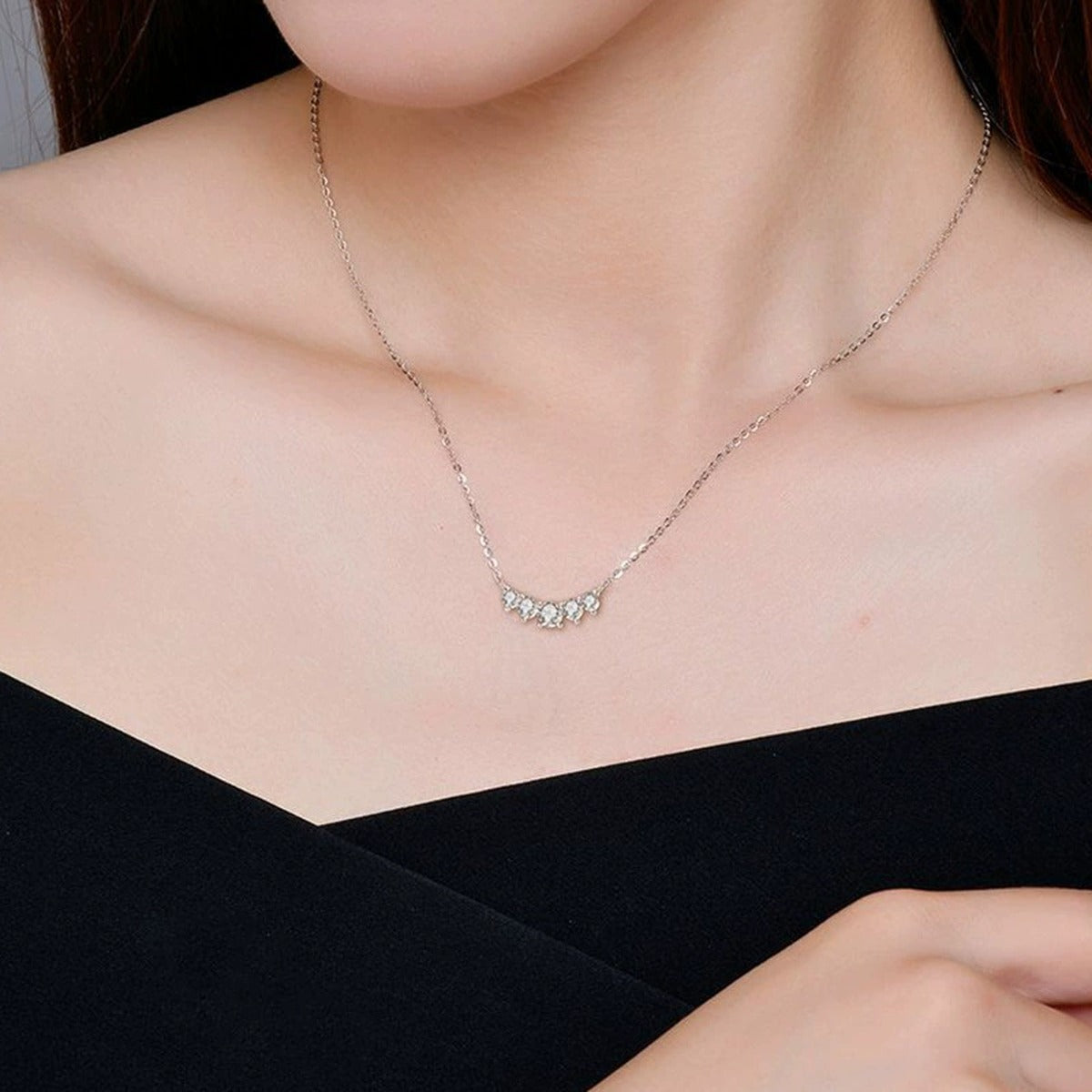 Smile Round Moissanite Necklace in Gold-Plated S925 sterling silver neckline model view showing pendant scale and chain length