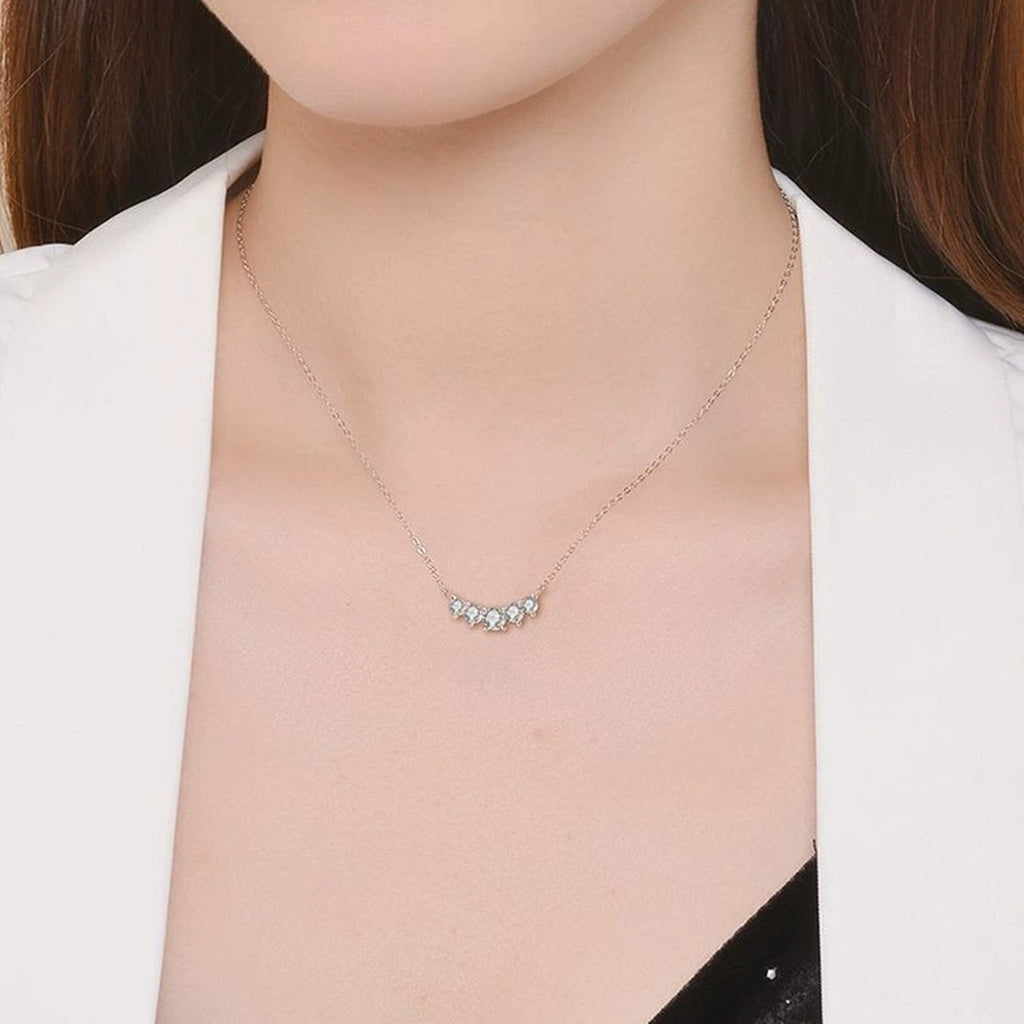 Smile Round Moissanite Necklace in Gold-Plated S925 sterling silver neckline model view showing pendant scale and chain length