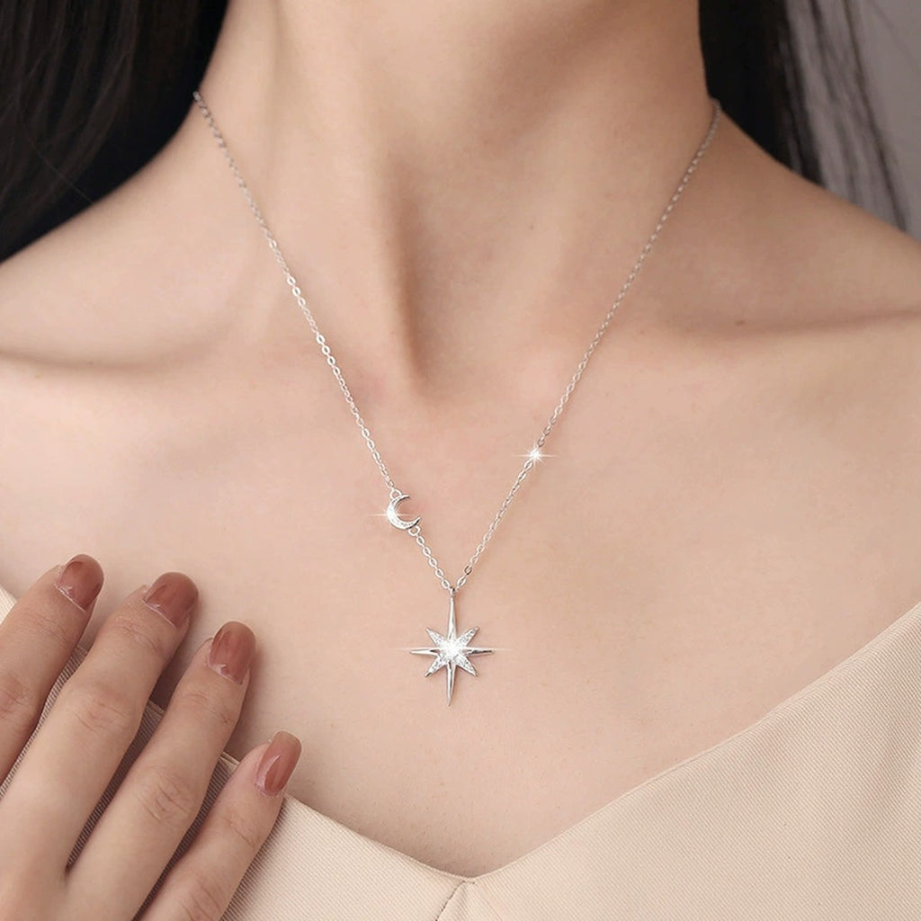 Moon and Star Round Moissanite Necklace with CZ in Gold-Plated S925 sterling silver neckline model view showing pendant scale and chain length
