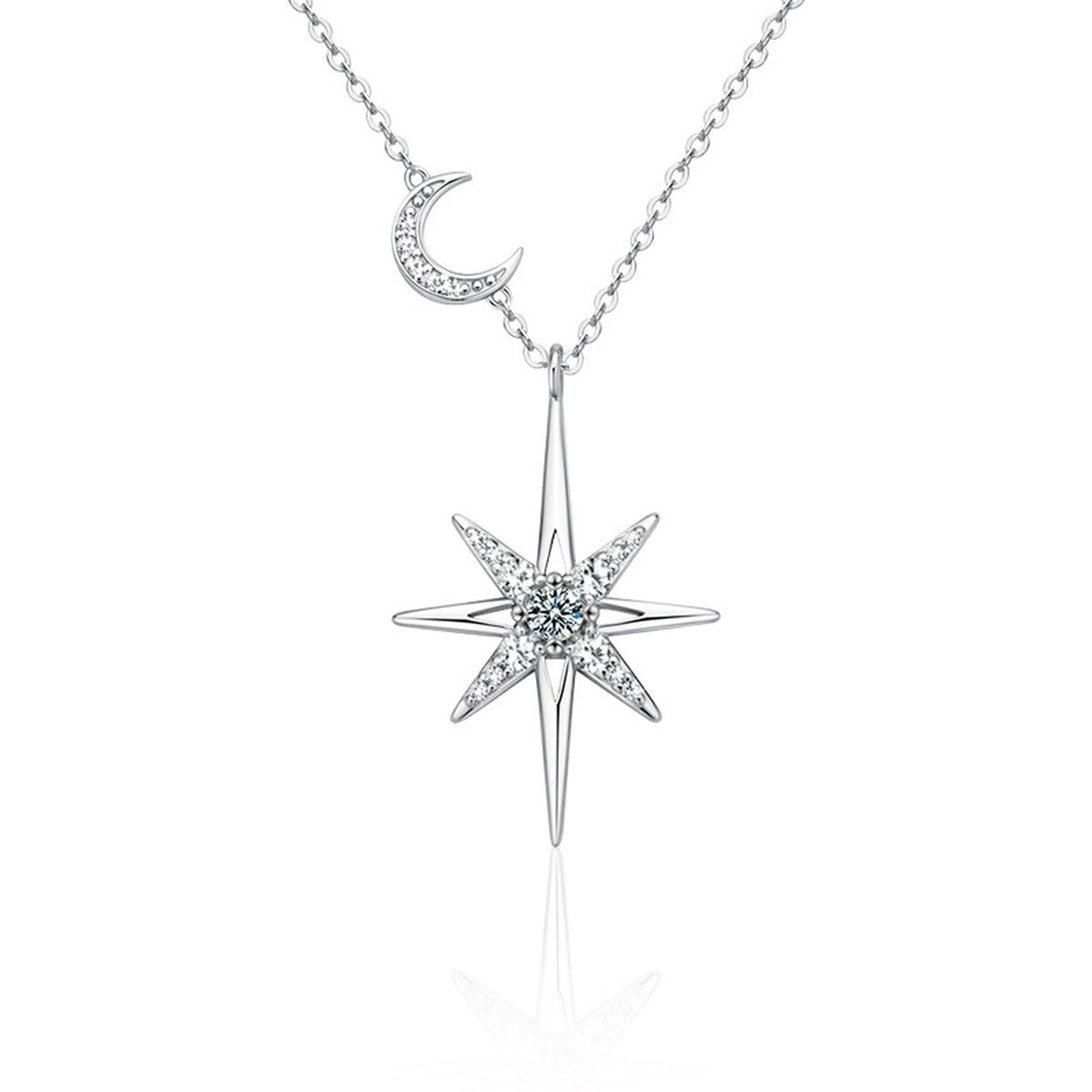 Moon and Star Round Moissanite Necklace with CZ in Gold-Plated S925 sterling silver alternate metal color white background product view showing a crescent moon linked to an elongated starburst pendant
