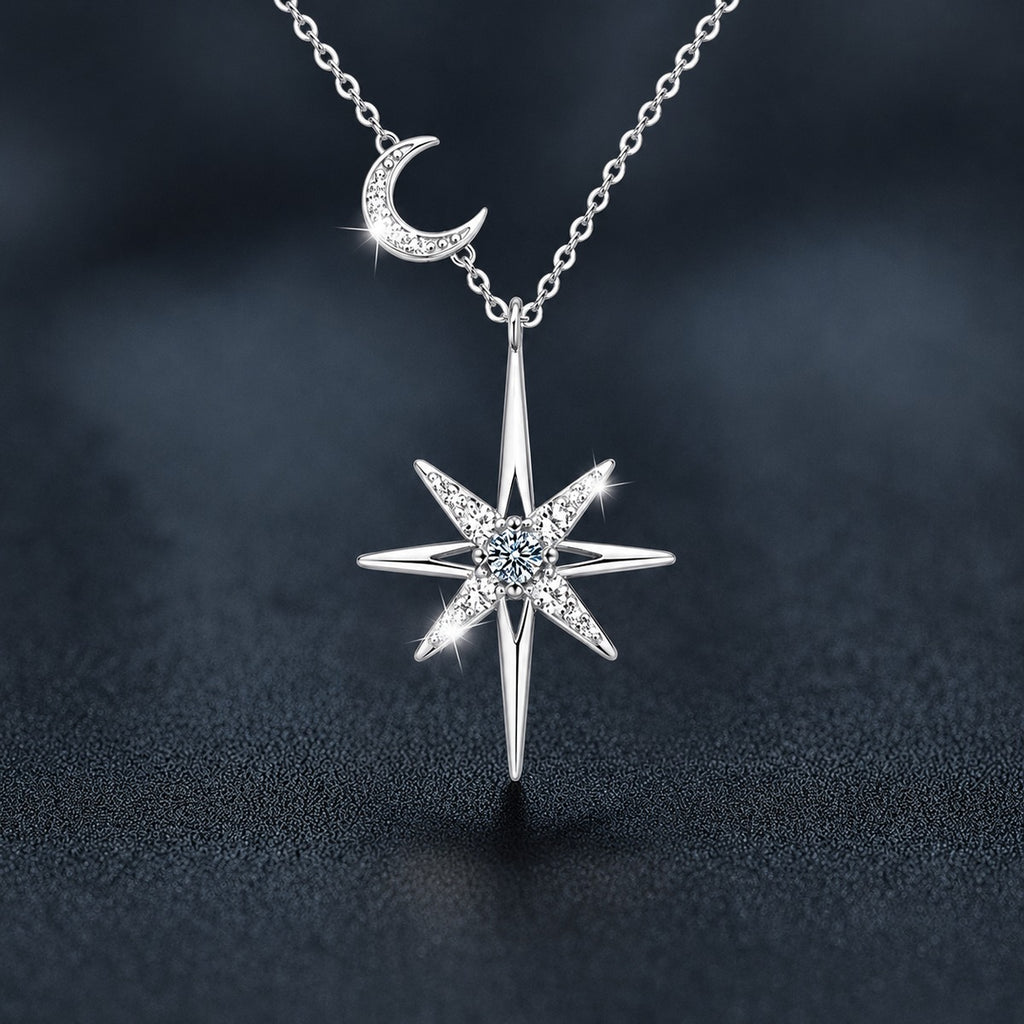 Moon and Star Round Moissanite Necklace with CZ in Gold-Plated S925 sterling silver close-up styled product scene showing pendant setting