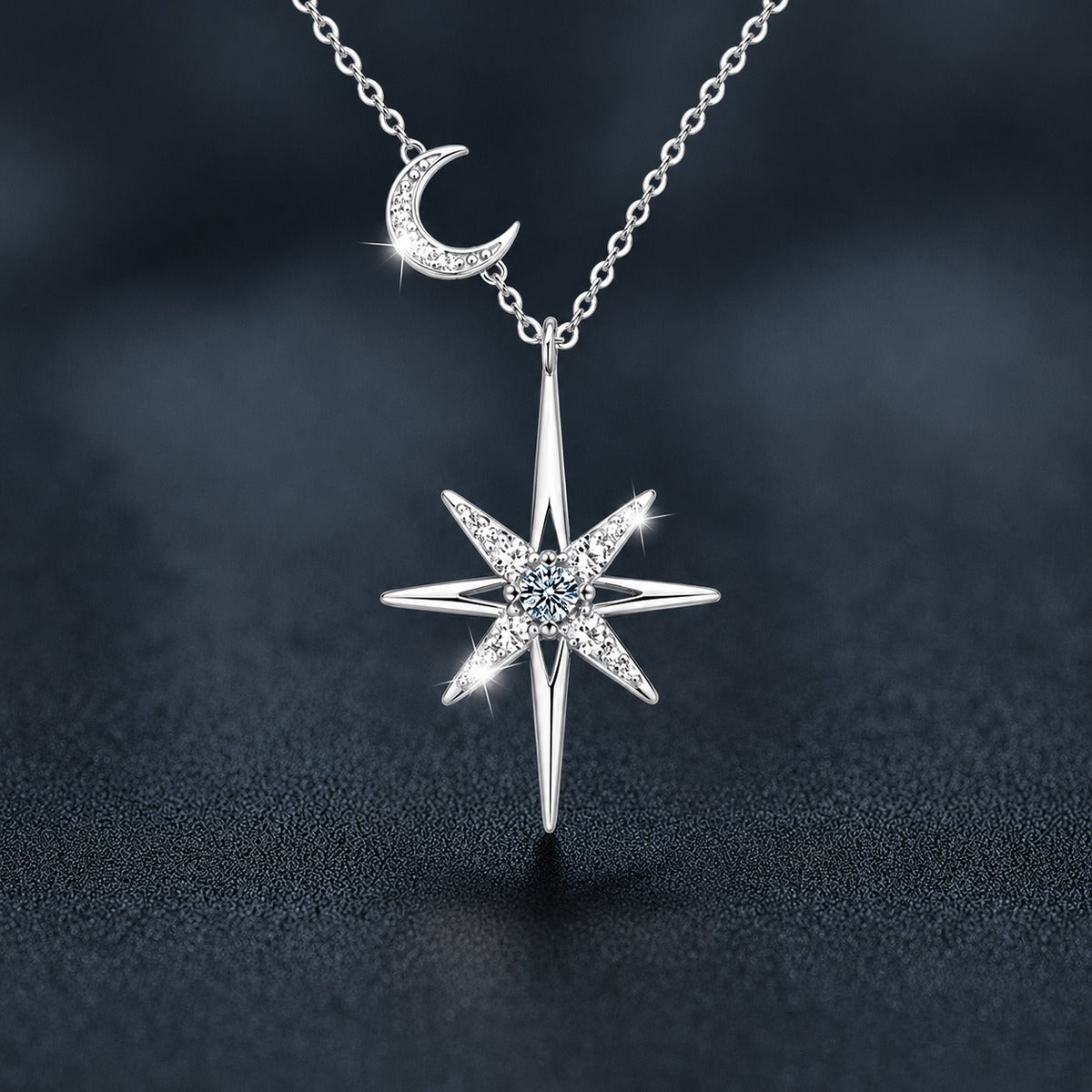Moon and Star Round Moissanite Necklace with CZ in Gold-Plated S925 sterling silver close-up styled product scene showing pendant setting