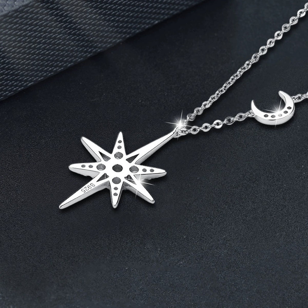 Moon and Star Round Moissanite Necklace with CZ in Gold-Plated S925 sterling silver display scene showing chain and stone layout