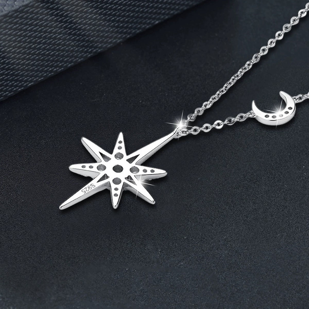 Moon and Star Round Moissanite Necklace with CZ in Gold-Plated S925 sterling silver display scene showing chain and stone layout