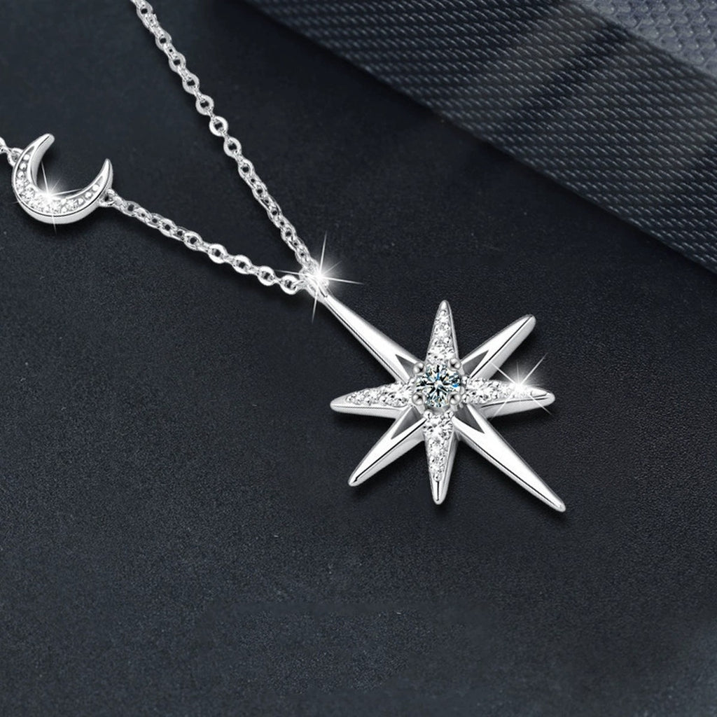 Moon and Star Round Moissanite Necklace with CZ in Gold-Plated S925 sterling silver angled product detail view