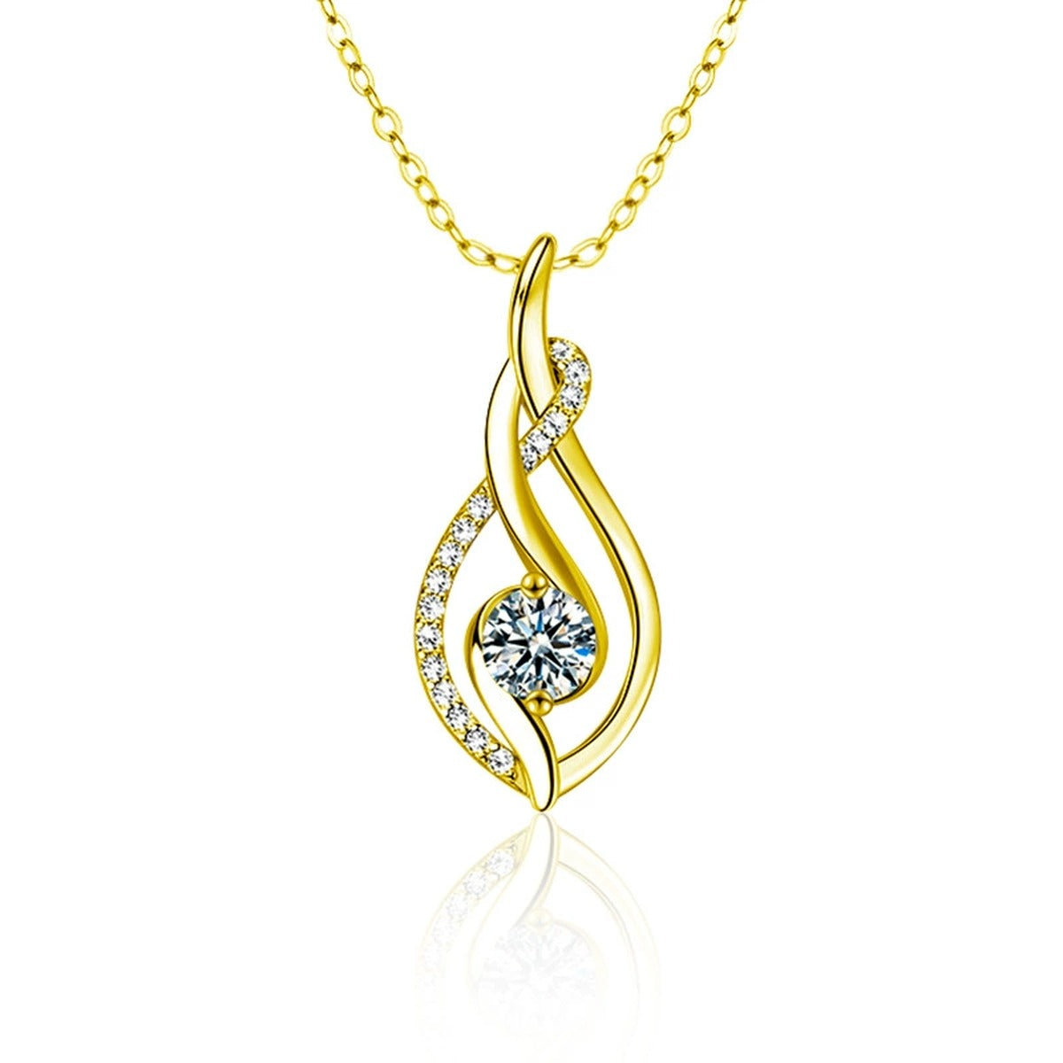 Teardrop Round Moissanite Necklace with CZ in Gold-Plated S925 sterling silver white background product photo showing open teardrop pendant with a 0.5 ct round moissanite and CZ accents