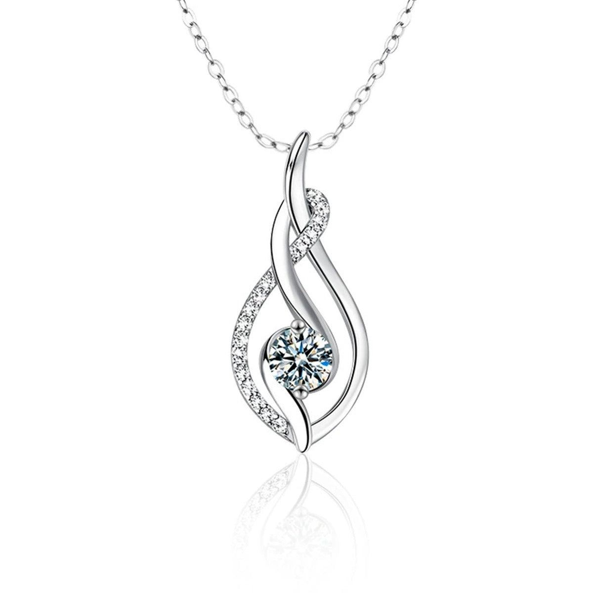 Teardrop Round Moissanite Necklace with CZ in Gold-Plated S925 sterling silver white background product photo showing open teardrop pendant with a 0.5 ct round moissanite and CZ accents