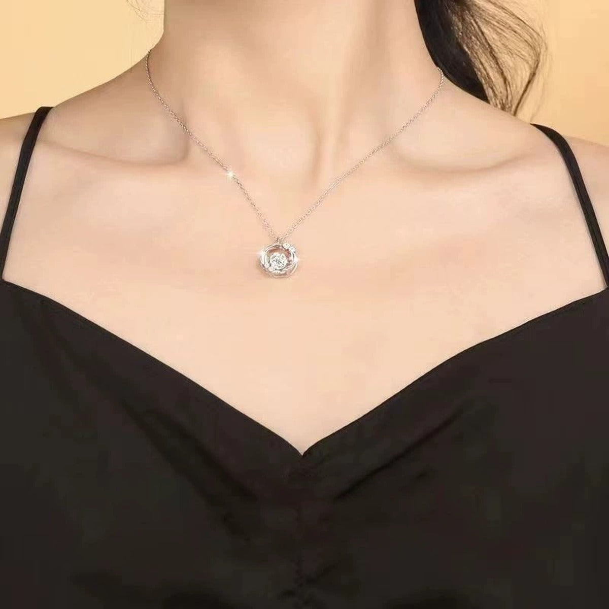 Feather Circle Round Moissanite Necklace with CZ in Gold-Plated S925 sterling silver neckline model view showing pendant scale and chain length