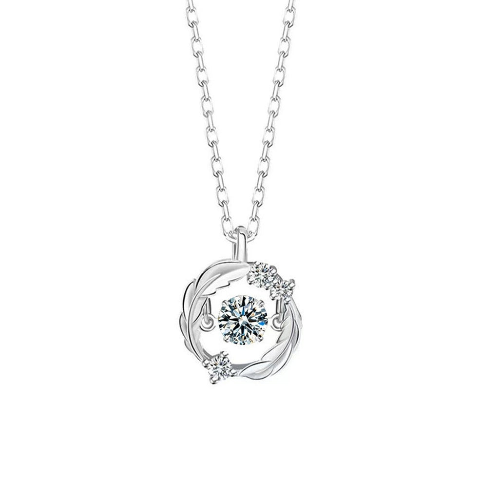 Feather Circle Round Moissanite Necklace with CZ in Gold-Plated S925 sterling silver white background product photo showing feather circle pendant with a 0.5 ct round moissanite and CZ accents