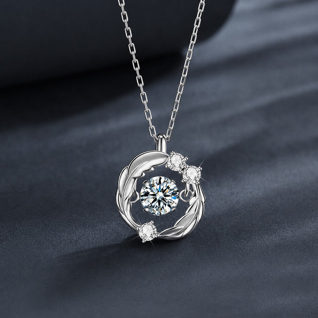 Feather Circle Round Moissanite Necklace with CZ in Gold-Plated S925 sterling silver close-up product scene showing pendant setting