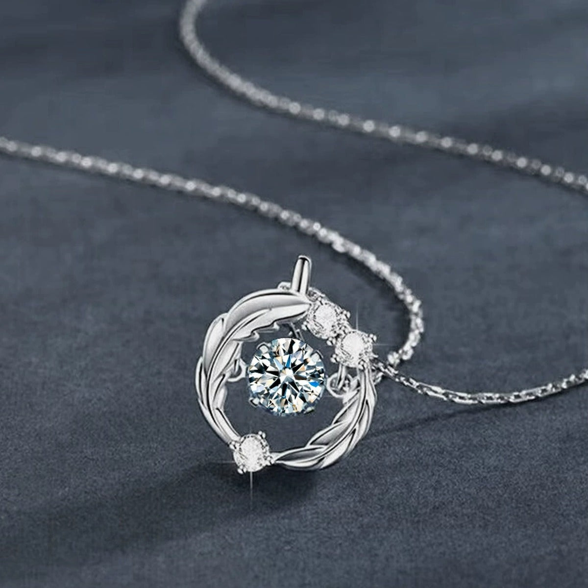 Feather Circle Round Moissanite Necklace with CZ in Gold-Plated S925 sterling silver blue display scene showing chain and stone layout
