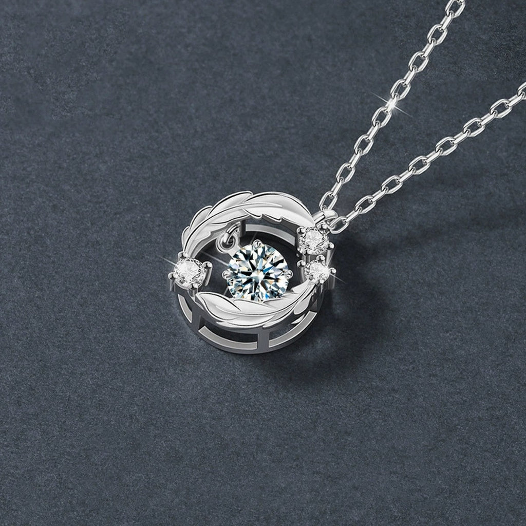 Feather Circle Round Moissanite Necklace with CZ in Gold-Plated S925 sterling silver angled product detail view
