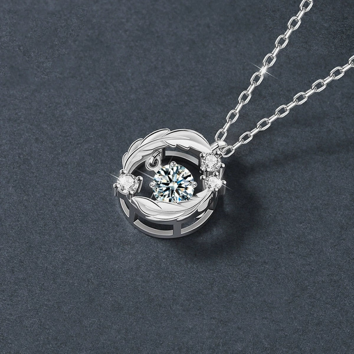 Feather Circle Round Moissanite Necklace with CZ in Gold-Plated S925 sterling silver angled product detail view