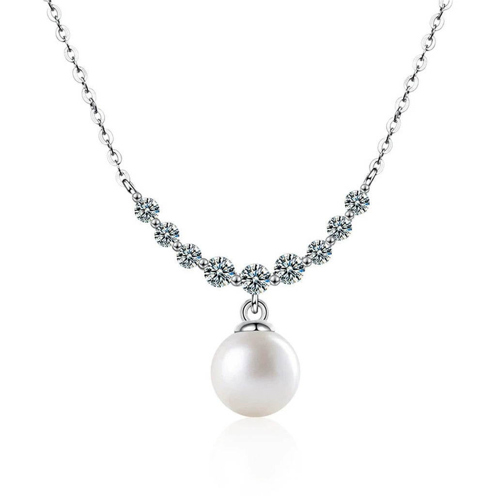 Smile Moissanite and Pearl Necklace in White Gold-Plated S925 sterling silver white background front product view showing a curved smile of round moissanite above a pearl drop