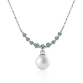 Smile Moissanite and Pearl Necklace in White Gold-Plated S925 sterling silver white background front product view showing a curved smile of round moissanite above a pearl drop