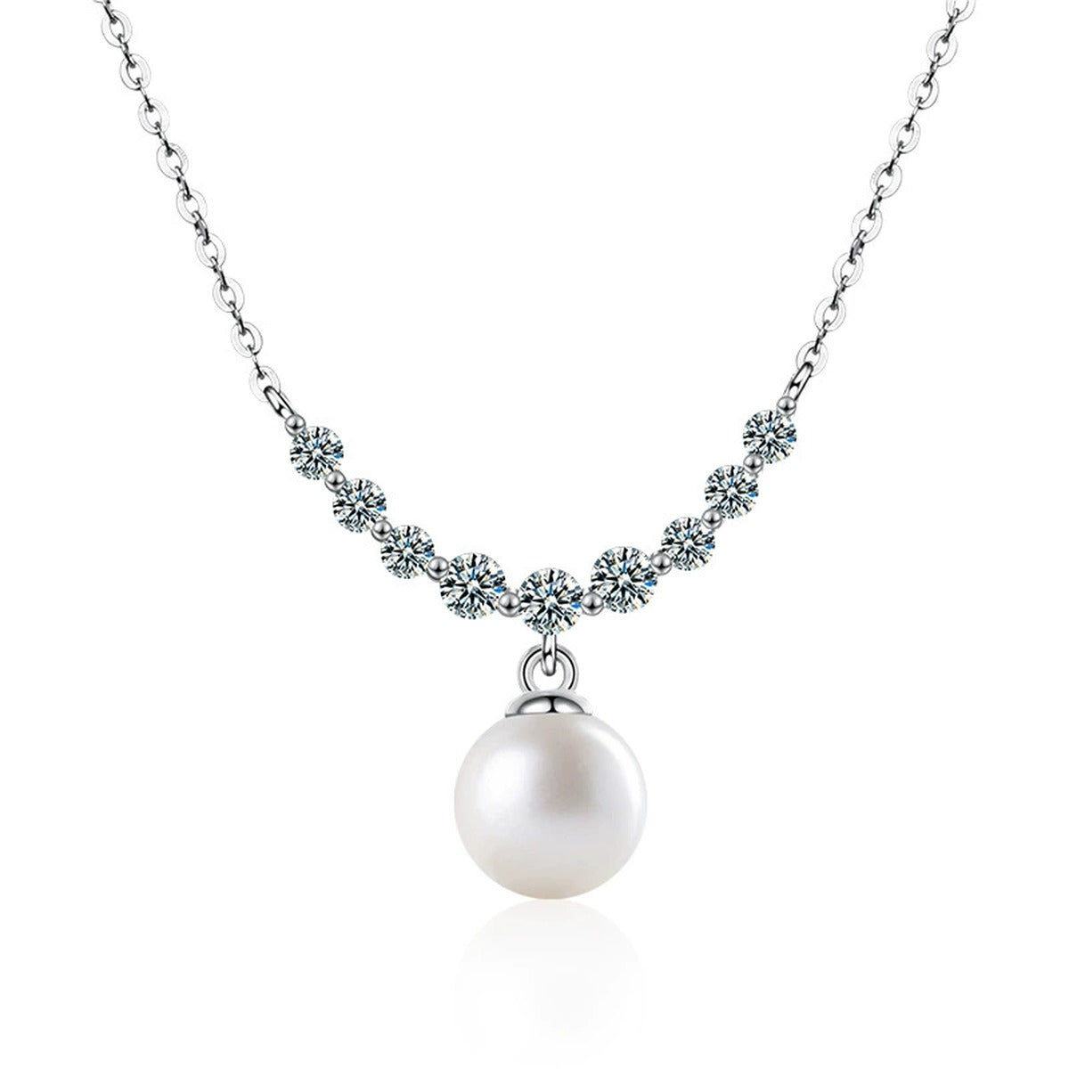 Smile Moissanite and Pearl Necklace in White Gold-Plated S925 sterling silver white background front product view showing a curved smile of round moissanite above a pearl drop
