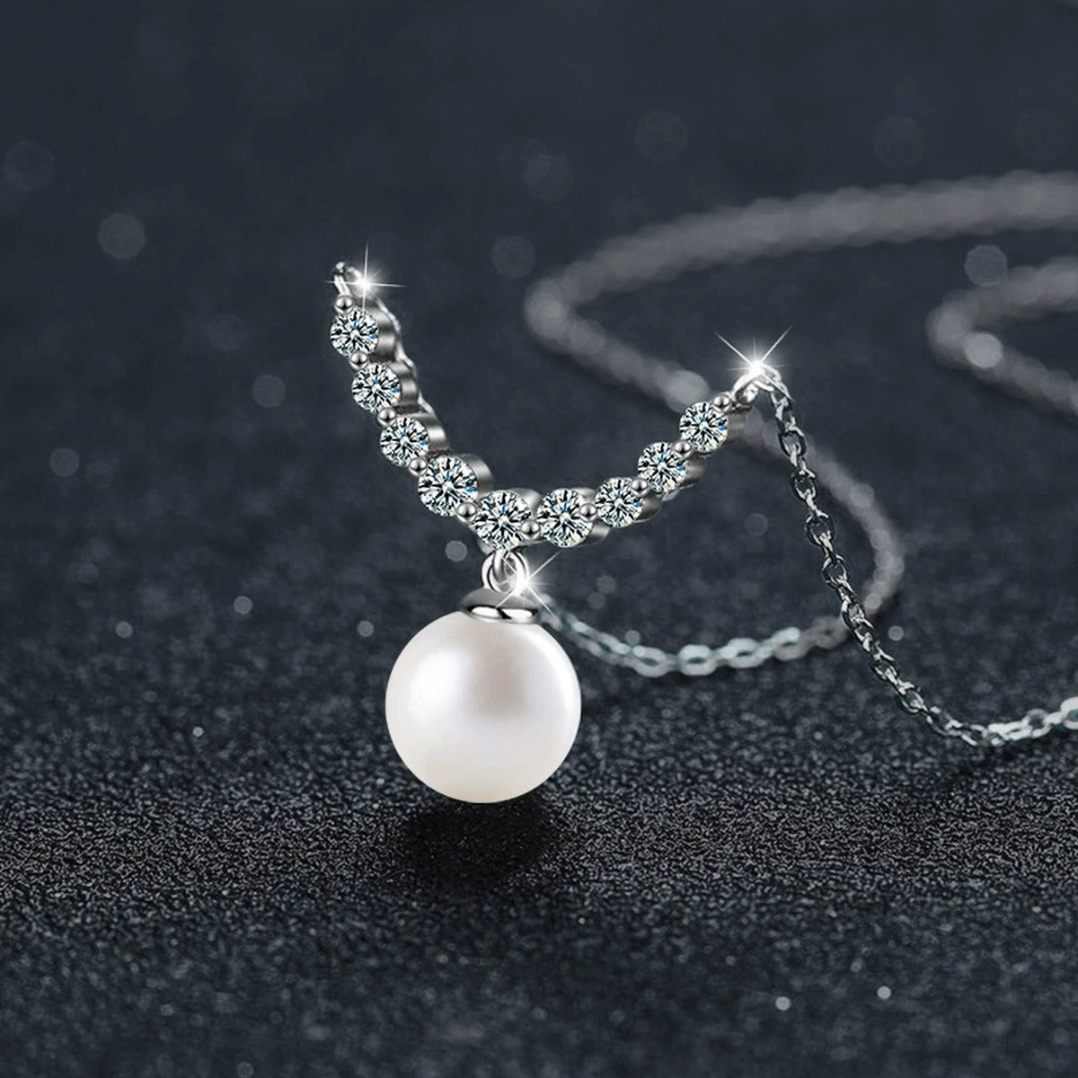 Smile Moissanite and Pearl Necklace in White Gold-Plated S925 sterling silver angled product detail view