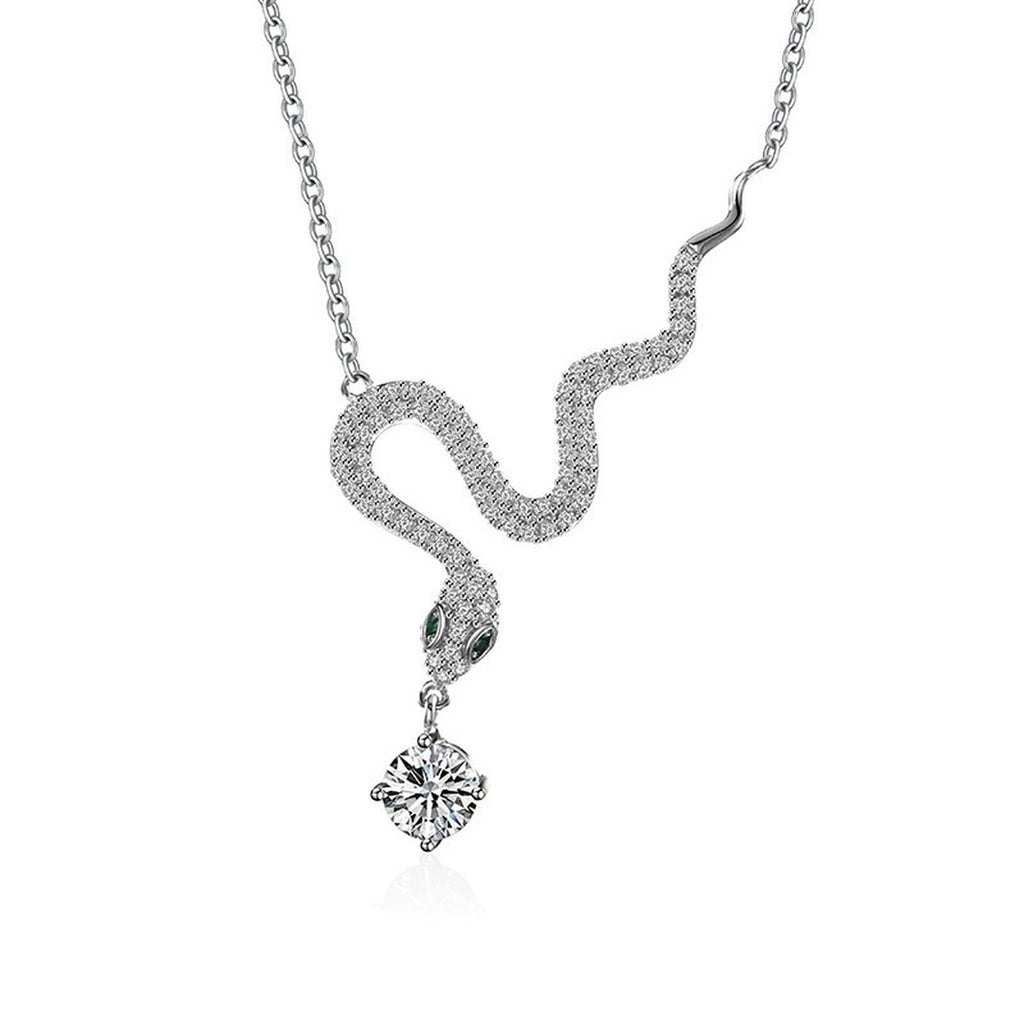 Snake Round Moissanite Necklace with CZ in White Gold-Plated S925 sterling silver white background product photo showing snake-inspired pendant with a 0.5 ct round moissanite and CZ accents