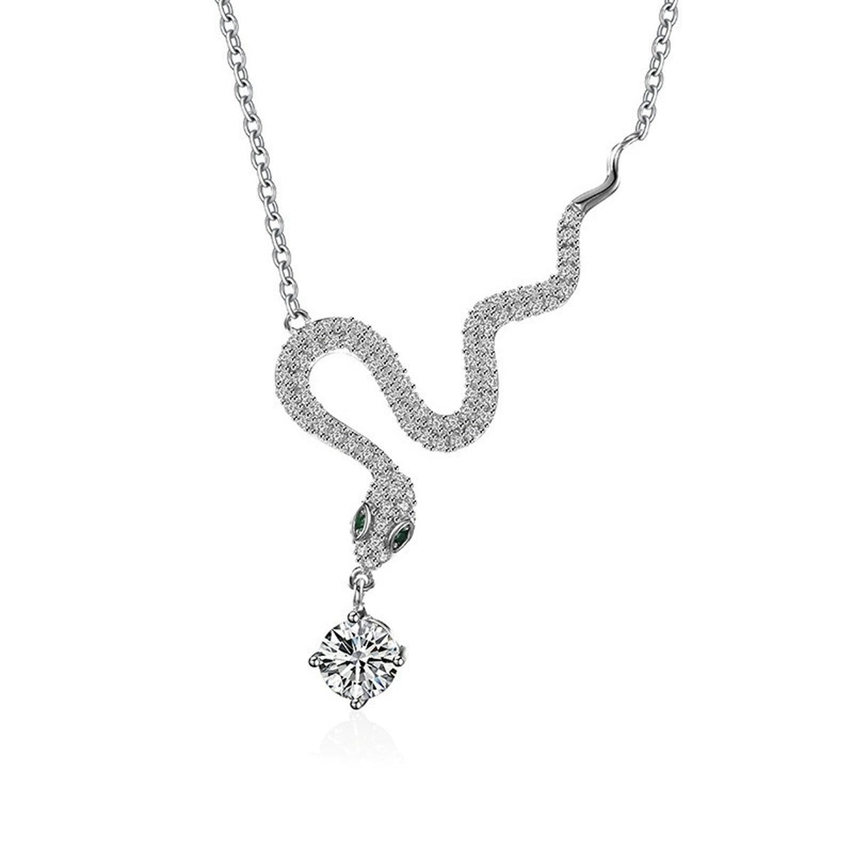 Snake Round Moissanite Necklace with CZ in White Gold-Plated S925 sterling silver white background product photo showing snake-inspired pendant with a 0.5 ct round moissanite and CZ accents