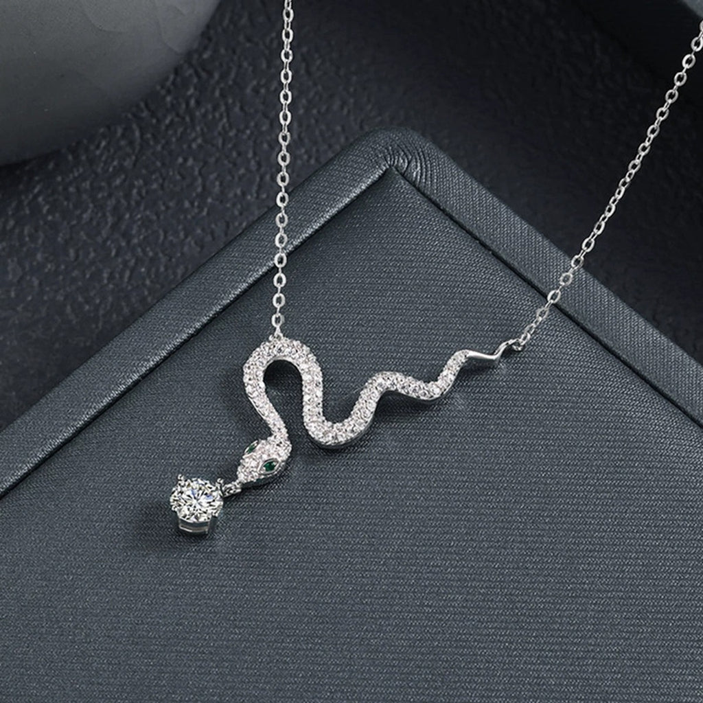 Snake Round Moissanite Necklace with CZ in White Gold-Plated S925 sterling silver close-up product scene showing pendant setting