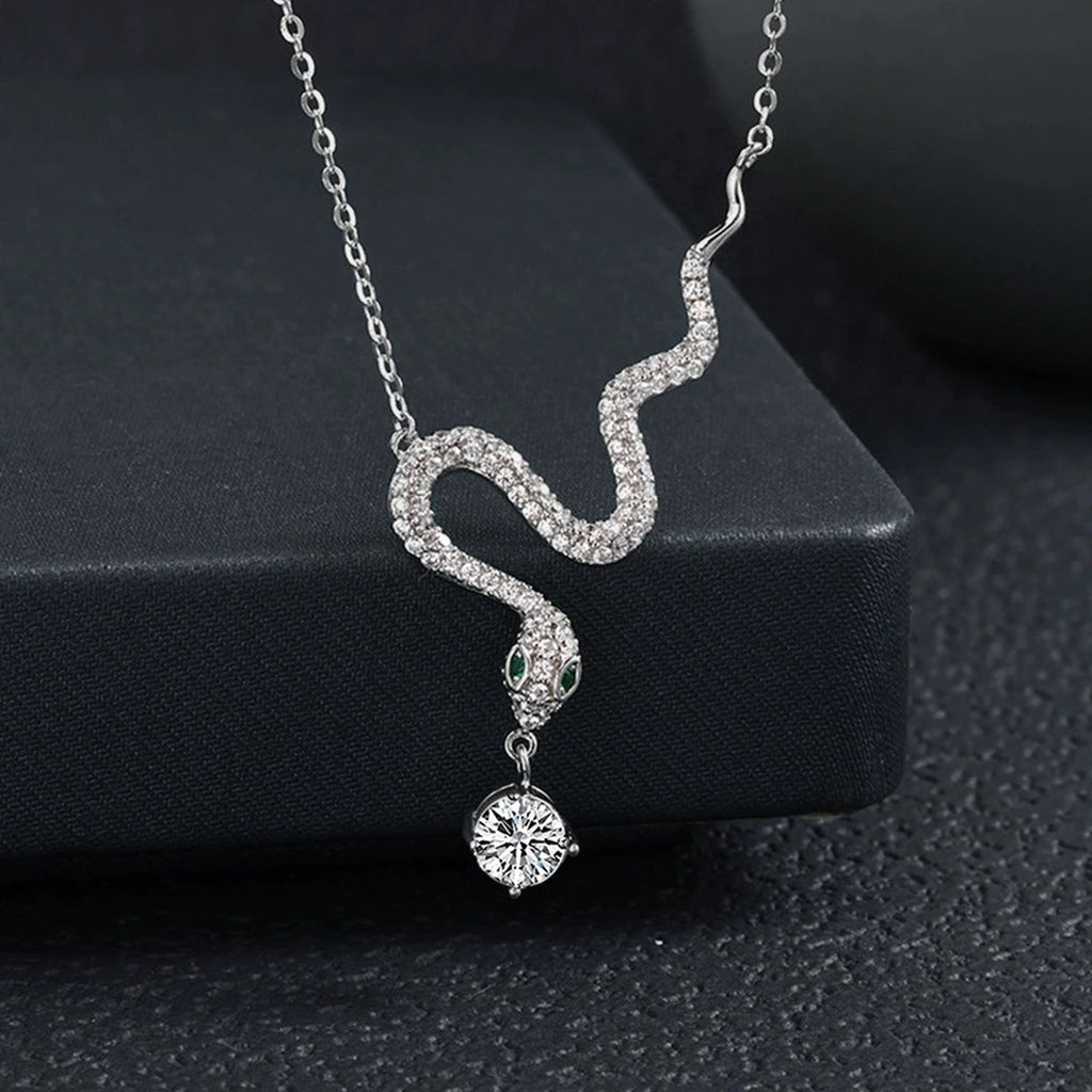 Snake Round Moissanite Necklace with CZ in White Gold-Plated S925 sterling silver blue display scene showing chain and stone layout