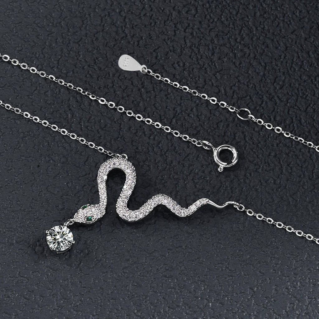 Snake Round Moissanite Necklace with CZ in White Gold-Plated S925 sterling silver angled product detail view