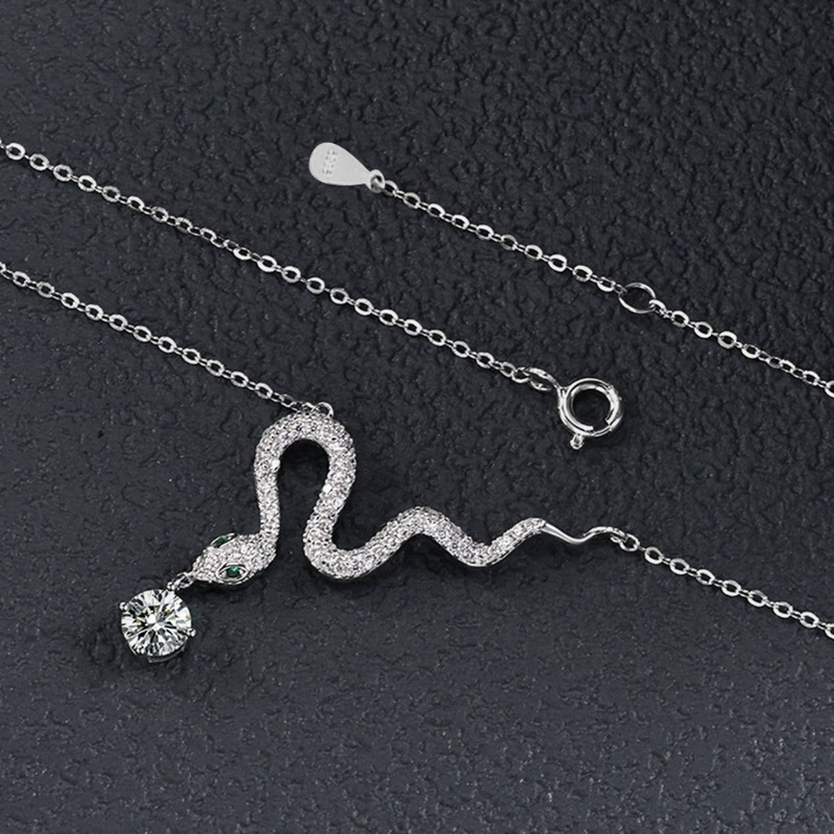 Snake Round Moissanite Necklace with CZ in White Gold-Plated S925 sterling silver angled product detail view
