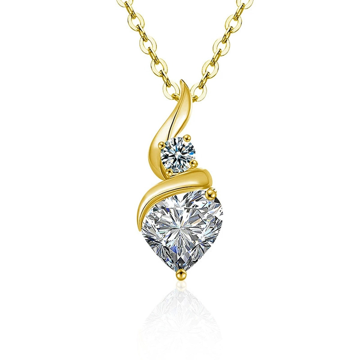 Teardrop Heart Cut Moissanite Necklace with CZ in Gold-Plated S925 sterling silver white background product photo showing teardrop pendant with a 2 ct heart-cut moissanite and CZ accents