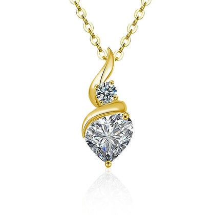 Teardrop Heart Cut Moissanite Necklace with CZ in Gold-Plated S925 sterling silver white background product photo showing teardrop pendant with a 2 ct heart-cut moissanite and CZ accents