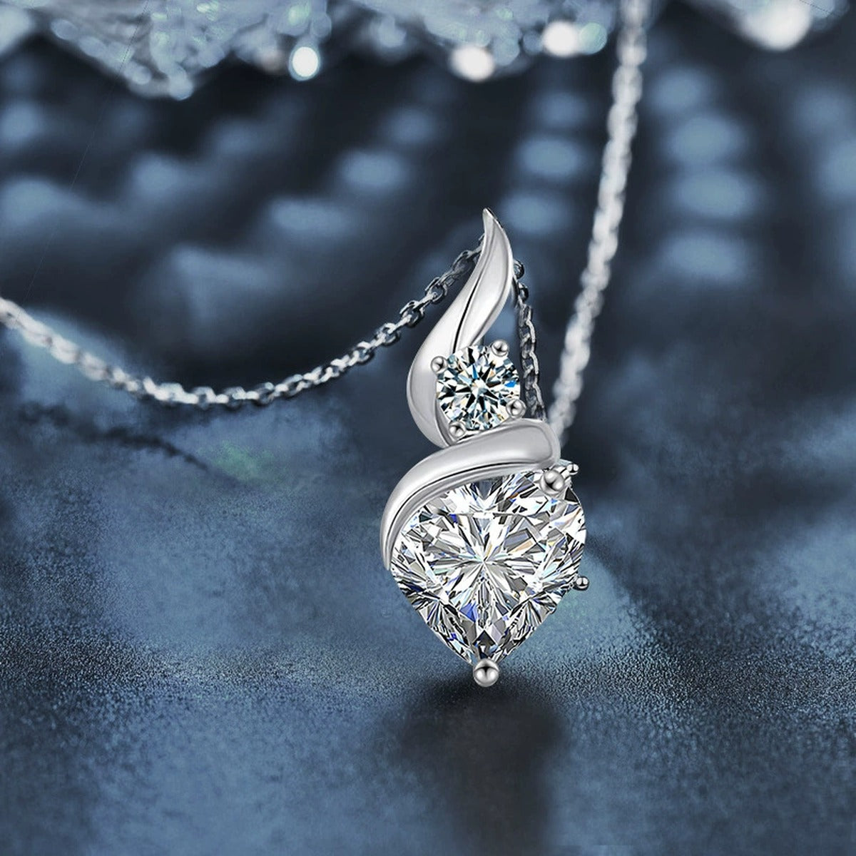 Teardrop Heart Cut Moissanite Necklace with CZ in Gold-Plated S925 sterling silver blue display scene showing chain and stone layout