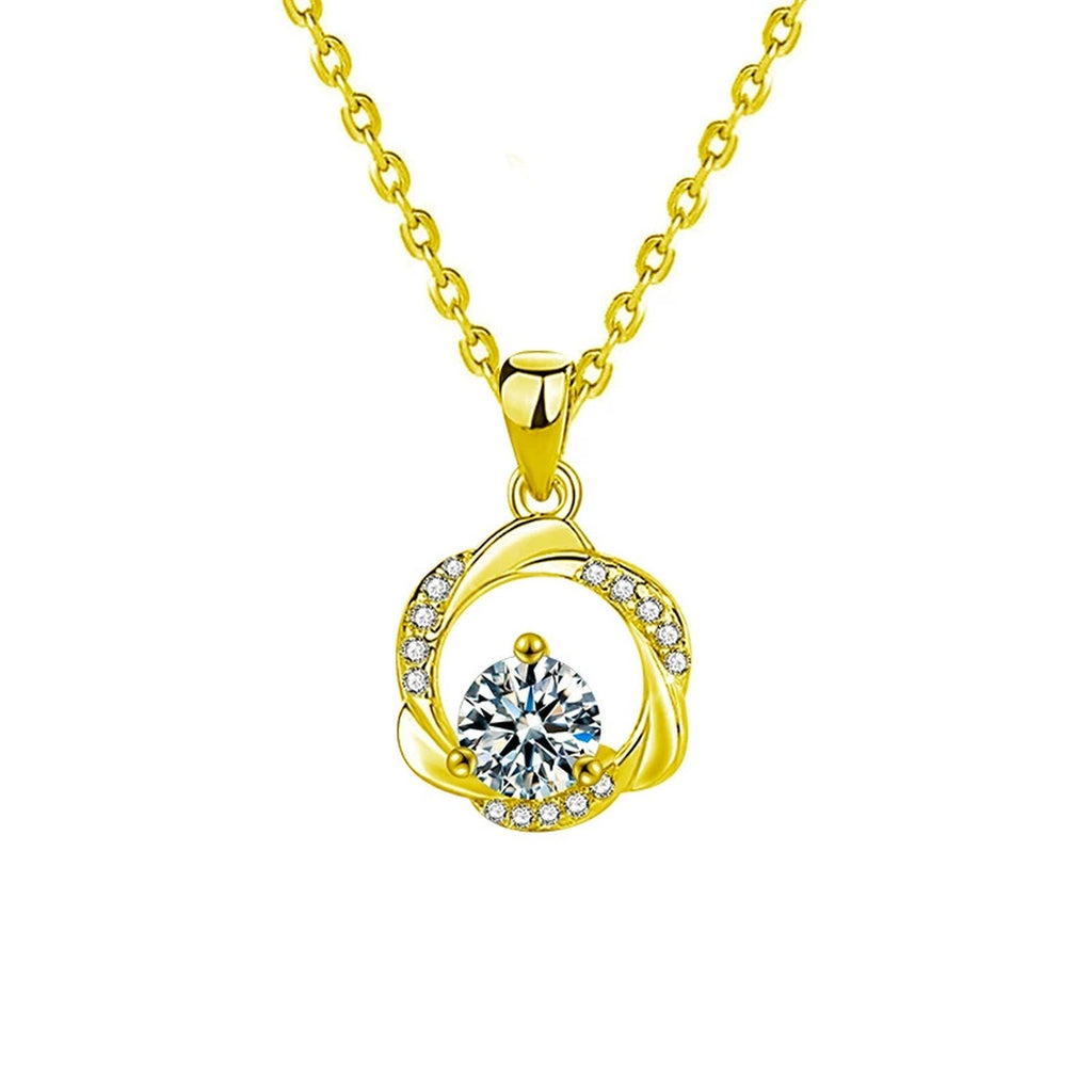 Mobius Ring Round Moissanite Necklace with CZ in Gold-Plated S925 sterling silver white background product photo showing mobius ring pendant with a round moissanite and CZ accents