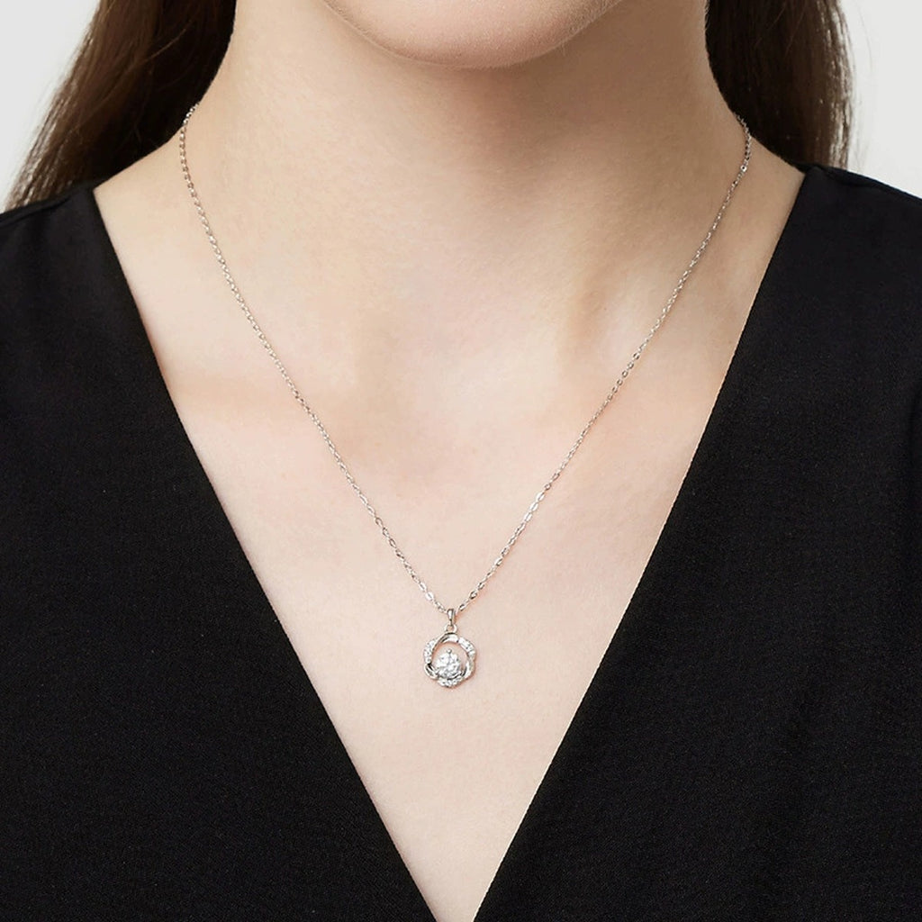 Mobius Ring Round Moissanite Necklace with CZ in Gold-Plated S925 sterling silver neckline model view showing pendant scale and chain length